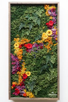 an arrangement of colorful flowers in a wooden frame on the side of a white wall