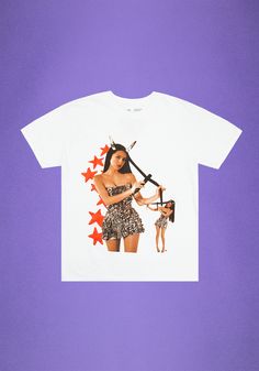 a t - shirt with an image of a woman holding a camera