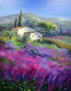 a painting of a house in the middle of a field with purple flowers on it