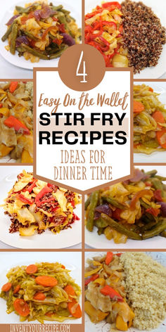 different pictures of food on plates with the words easy on the wally stir fry recipes for dinner time