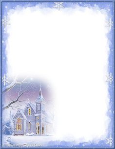 a blue frame with an image of a church in the snow