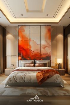 a bedroom with a large painting on the wall