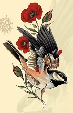 a bird with red flowers on it's back