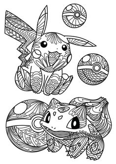 the pokemon coloring page with an image of pikachu and eena in black and white