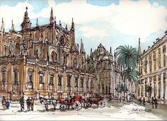 a drawing of an old european city with horse drawn carriages