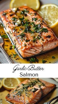 grilled salmon on a plate with lemons and herbs