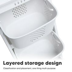 an image of a large storage basket with two baskets on it and the words layered storage design