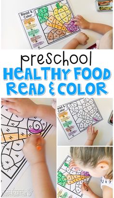 this is a collage of pictures with the words preschool healthy food read and color