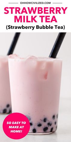 strawberry milkshake with strawberries in it and text overlay that reads, strawberry milkshake