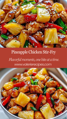 pineapple chicken stir fry in a bowl with chopsticks