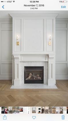 the fireplace is white and has gold trim