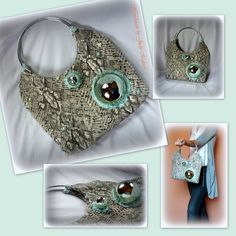 three pictures of purses with eyeballs on them, one in the shape of an owl