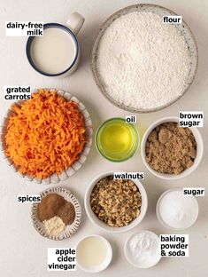 the ingredients to make carrot cake are shown in small bowls and labeled on each side