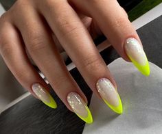 Neon Yellow Almond Nails, Lime Nails Design, Baby Glam Nails, Neon Lime Nails, Neon Purple Nails, Lime Nails, French Manicure Acrylic Nails, Neon Yellow Nails, Milky Nails