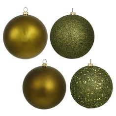 three shiny green and gold christmas ornaments