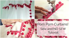 the instructions for how to sew pom - poms on curtains are shown