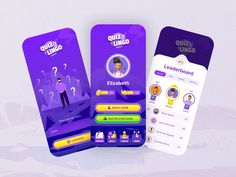 three game cards with an image of a man and woman on the front, one in purple