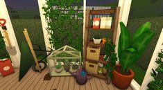 a room filled with lots of potted plants and gardening equipment on top of a wooden floor