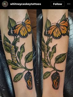 two butterfly tattoos on both legs with green leaves and orange butterflies flying around the wings