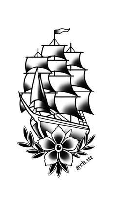 a black and white drawing of a sailboat with flowers on the front, in an old - school tattoo style