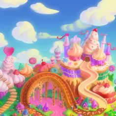 an animated image of a fairy land with lots of pink and purple things on it