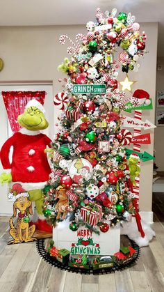 a christmas tree decorated with grino and candy canes