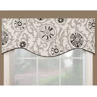 the window is decorated with black and white designs on it's valance,