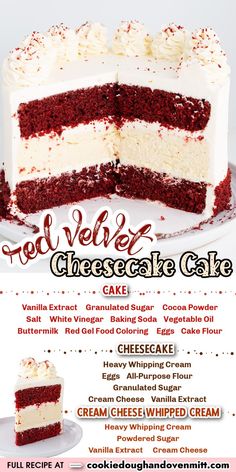 a red velvet cheesecake cake with white frosting