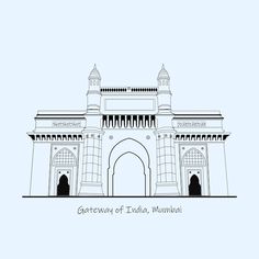 the gateway of india, munnaan in black and white on a light blue background