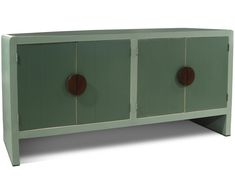 a green cabinet with two brown knobs on the doors