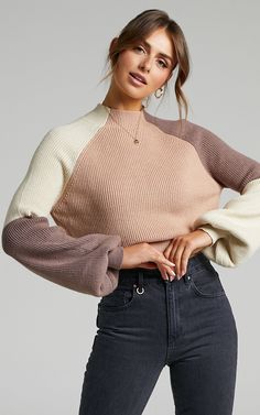 Kensley Long Sleeve Knit Jumper in Beige | Showpo Sweaters Knitted, Loose Pullover Sweater, Patchwork Top, Mock Neck Long Sleeve, Loose Pullover, Tops Casual, Color Block Sweater, Lantern Sleeve, Knitted Pullover Sweaters