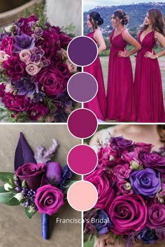 the bridesmaids are dressed in red and purple, with their bouquets arranged around them