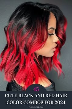 Want to try something different with your hair this year? Then you need to see the 45 black and red hair ideas we just posted on our blog. From styles like the fiery bright red tips you see here to classic ginger highlights and subtle burgundy balayage, you'll find a ton of black hair inspiration in our latest article. Click through to see it now or save this pin for later! Black Streaks In Red Hair, Black Fading Into Red Hair, Black And Bright Red Hair, Red And Black Layered Hair, Black And Red Balayage, Black Hair With Red Tips, Red Hair With Dark Roots, Black And Red Hair Ideas, Highlights Ideas For Black Hair