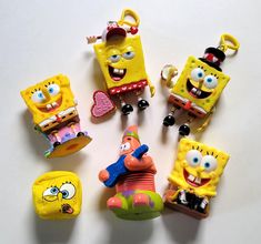 various toys are arranged in the shape of spongebob characters