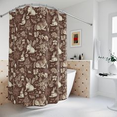 a brown and white shower curtain in a bathroom