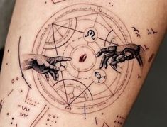 two hands reaching for each other on the thigh with zodiac signs and numbers around them