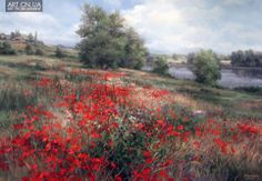 an oil painting of red flowers in a field by the water with trees and bushes