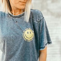 Be the Reason Someone Smiles! Printed with ink on our Dark Smoke Acid Wash colored unisex fitted tee. 50% cotton. 50% polyester. Distressing will be different on each tee. Front AND back design. Model sized up for an oversized fit ***this is a specialty product that undergoes a variety of processes to create its unique and textured look. As a result, the finished garments will shed a portion of their darker fibers, becoming noticeably lighter in shade after the initial laundry cycles. For best r Trendy Acid Wash T-shirt With Letter Print, Acid Wash Cotton Top With Slogan, Relaxed Fit Acid Wash Top With Slogan, Unisex Graphic Tee For Everyday Wear, Acid Wash Crew Neck Top With Letter Print, Unisex Pre-shrunk T-shirt For Everyday Wear, Acid Wash Slogan Top With Relaxed Fit, Acid Wash Letter Print Crew Neck Top, Relaxed Fit Acid Wash Slogan Top