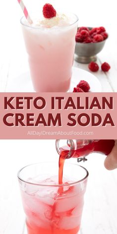 keto italian ice cream soda is being poured into a glass with raspberries