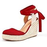 Amazon.com | Alexis Leroy Women's Summer T-Straps Buckle Design Fashion Wedge Heel Sandals Red 9-9.5 M US | Platforms & Wedges