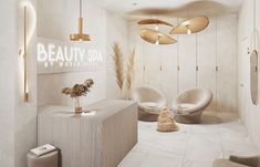 the interior of a beauty spa with chairs and lights hanging from the ceiling above them