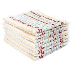 four towels stacked on top of each other in different colors and patterns, with one folded up