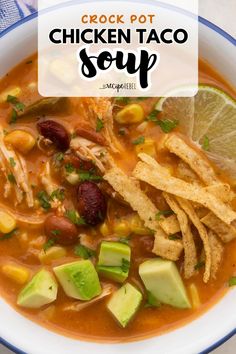 One of the best comfort food recipes in the crockpot! It's a winter dish using just 6 ingredients. Deliciously creamy and filling while being healthy, this Slow Cooker Chicken Taco Soup is a warm dinner idea you'll surely love! Have a bowl of this hearty soup tonight! Crockpot Chicken Taco Soup, Slow Cooker Chicken Taco Soup, Slow Cooker Creamy Chicken, Chicken Tacos Crockpot, Chicken Taco Soup, Hearty Soup, Chicken Taco