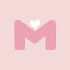 the letter m with a white heart on it's center and bottom corner in pink