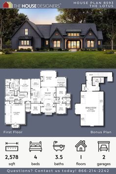 the house designer's floor plan is shown with measurements and details for each room