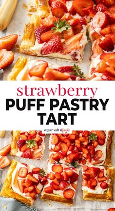 strawberry puff pastry tart with strawberries on top and the title overlay reads strawberry puff pastry tart