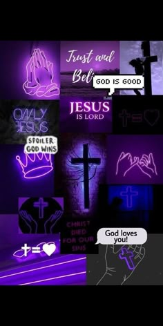 the words jesus is good are lit up in purple and black with white lettering on them