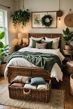 a bed sitting in a bedroom next to a window with plants on the headboard