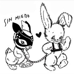 a drawing of two rabbits with masks on their heads, one holding the other's hand