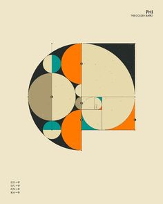 an abstract poster with circles and dots in orange, blue, black, and white